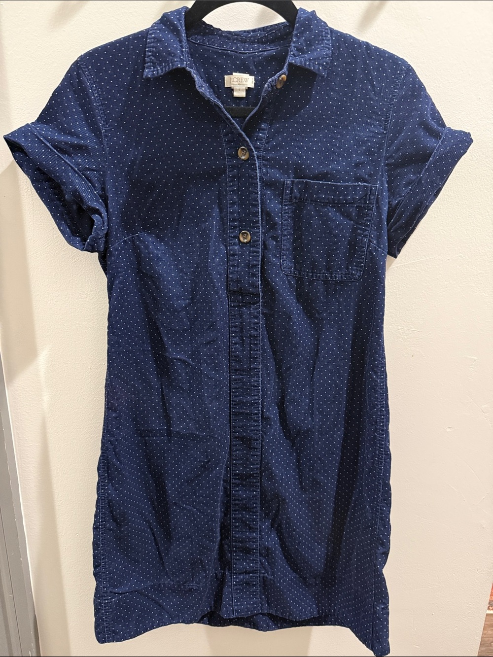 J. Crew Navy Mini Shirt Dress with White Micro Dots